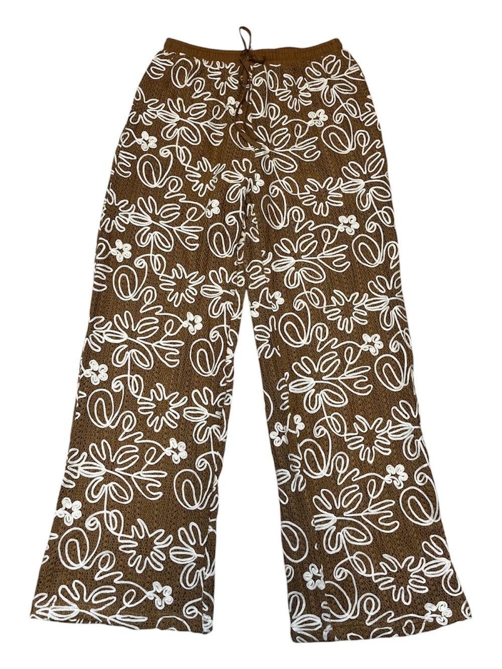 NWT Solitaire Tan & Cream Embroidered Flowy Bohemian Style Wide Leg Pants Sz M